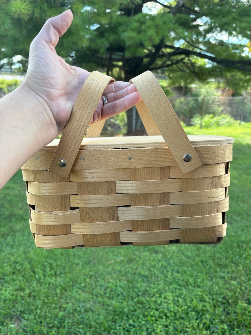 Woven mini Picnic Basket with Double Handles - Natural Wood Tone